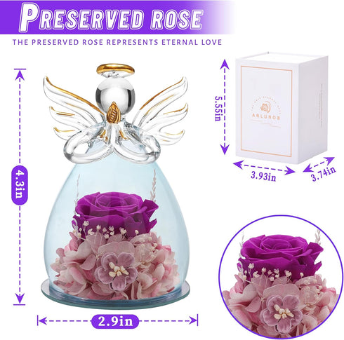 ANLUNOB Preserved Rose Gifts for Women, Mom, Grandma, Wife, Glass Angel Figurines with Pretty Purple Flowers for