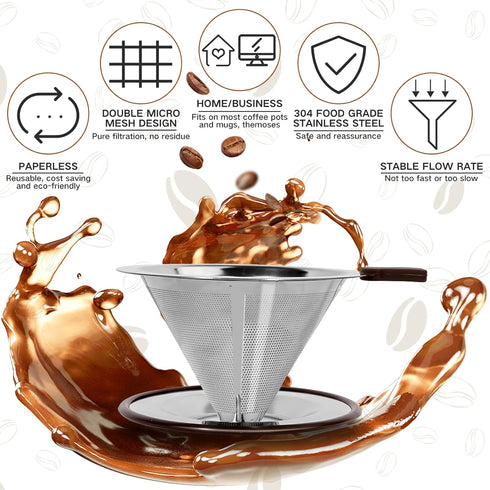 Pour Over Coffee Dripper - Reusable Stainless Steel Drip Cone Coffee Filter with Cup Stand, 1-2 Cup