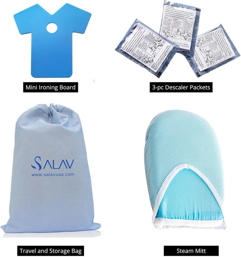 SALAV Heavy Duty Commercial Full-Size Garment Steamer (ACCESSORIES SET ONLY: Mini Ironing Board, Steam Mitt, 3-pc Descaler, Storage Bag) by SALAV