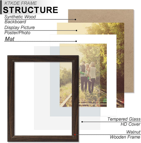 5x7 4x6 5x7 KTKDE Picture Frame, Photo Frame Walnut with Real Glass for Picture photo with Mat or photo without Mat