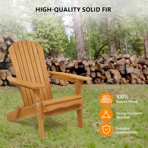 350 LBs VINGLI Folding Adirondack Chairs Wood Lawn Chair Wooden Lounger Support Fire Pit Seating Natural Finished