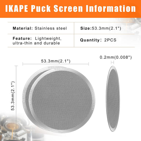 IKAPE 53.3mm 2pc Espresso Puck Screen, 0.2mm Thickness, Reusable Metal Coffee Filters, Food-grade Stainless Steel