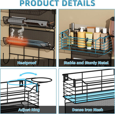 VITVITI Metal Hair Tool Organizer: Wall Mount with 3 Tier Shelf Basket Hooks, Bathroom Styling Tool Holder, Matte Black