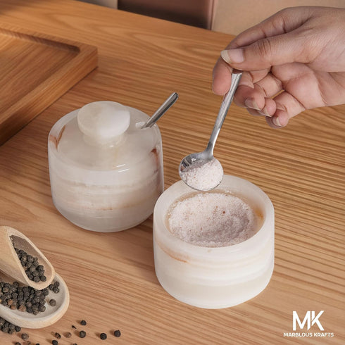 Spoon3 Inch Countertop Salt Cellar with Lid and White Onyx Salt and Pepper Dish, Marble Sugar and Salt Bowls, Ideal