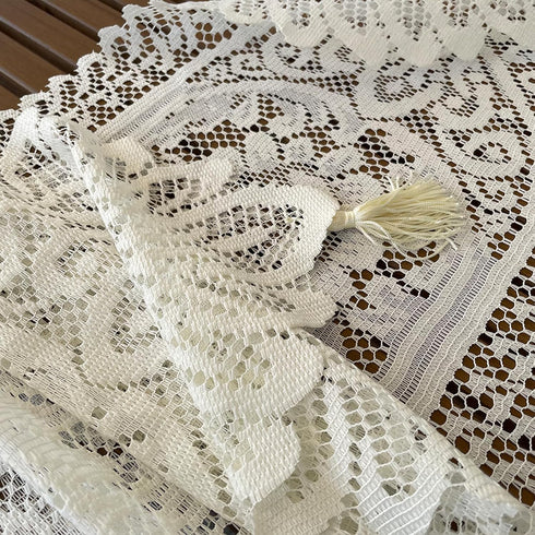 RHVQ 2Pcs Beige(13"x45") Lace Table Runners with Tassels, Farmhouse Boho Doily Vintage Floral Dollies for Tables