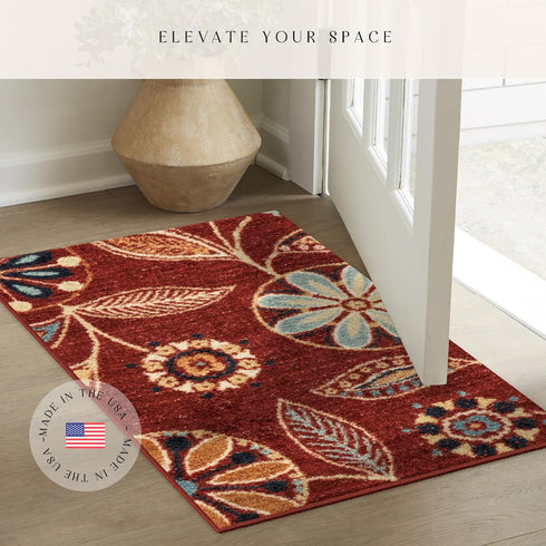 Maples Rugs Reggie Floral Kitchen Rug, Washable Non Slip Indoor Carpet, 1'8 x 2'10, Merlot