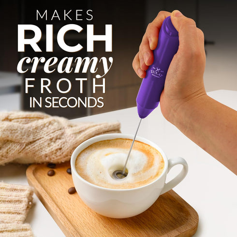Zulay Kitchen Powerful Milk Frother Wand - Mini Milk Frother Handheld Stainless Steel - Battery Operated Drink Mixer for Coffee, Lattes, Cappuccino, Matcha - FrothMate Milk Frother Gift, Deep Purple by Zulay Kitchen