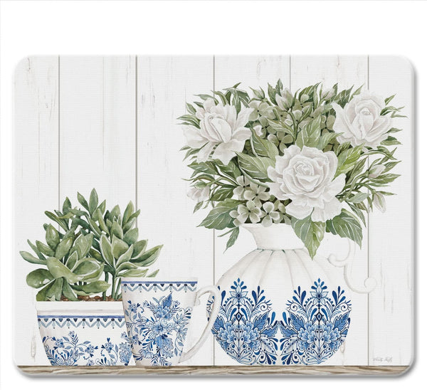 CounterArt Pottery In Blue & White Decorative Tempered Glass Cutting Board, 10" x 8", Dishwasher Safe