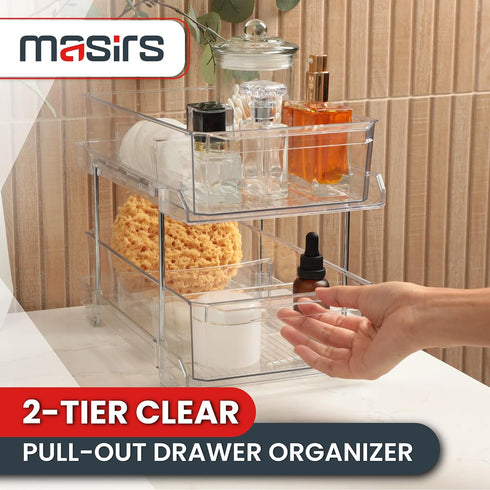 Masirs 2-Tier Clear Pull-Out Drawer Organizer, Compact Makeup and Closet Organizer, Easy Assembly Kitchen Storage