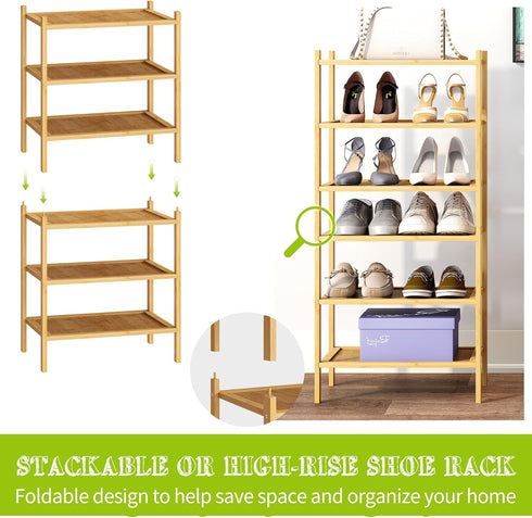 6-Tier Closet BMOSU Bamboo Small Shoe Rack Premium Stackable Shoe Shelf Storage Organizer for Hallway Living Room