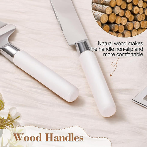 Cake Cutting Set for Wedding, Vintage Wood Knife and Server Set, 2-Piece Pie Cutter, White Dessert Utensils