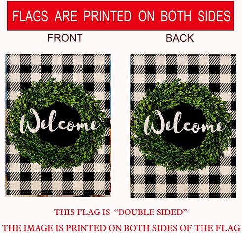 Welcome Boxwood Wreath Garden Flag, Double Sided Vertical, Buffalo Check Plaid Rustic Farmhouse Decoration