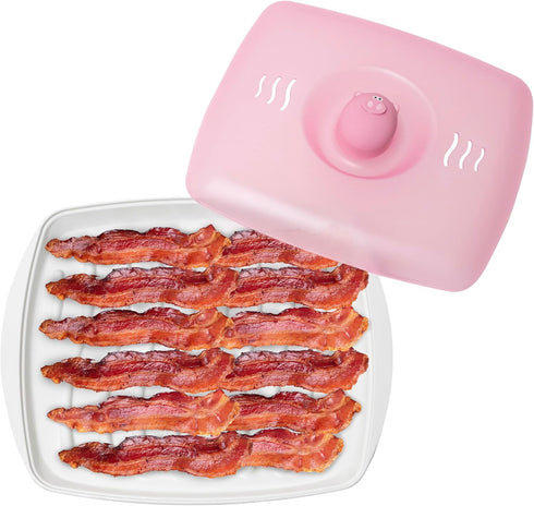 Joie Piggy Microwave Bacon Grooved Cooking Tray with Splatter Lid, Holds 4-5