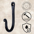 HB Decorative Hook Wrought Iron Wall Mount Coat Hooks - Set of 3 Handmade Classic Hooks for Hanging