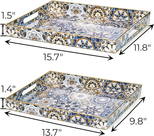 Set 2 Hiceeden of Decorative Serving Trays with Handles, Boho Tea Trays Ottoman Trays for Serving, Modern Plastic