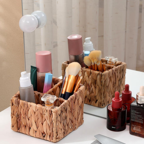 Remote Control Holder Wicker Desk Organizer Divided Storage Basket,Hand Woven Cosmetic Storage Box with 3 Compartments,Water Hyacinth Remote Control Basket for Desktop Organizing by LYDWOO8D