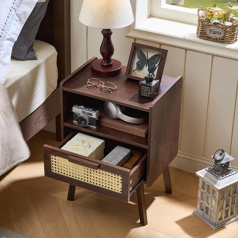 Lerliuo Rattan Nightstand, Bedside Table with Drawer Open Shelf, Cane Accent Side End Table with Solid Wood Legs