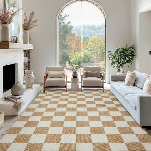 EcoNest 2x3 Washable Door Mat Indoor Entrance Checkered Rug, Beige and White Area Rug,Low Pile Lightweight Indoor