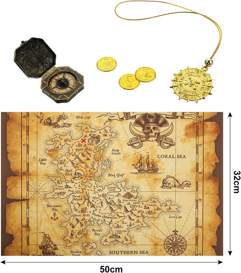 Gejoy Halloween Pirate Treasure Map, Vintage Gold Secret Sea Historical Theme Party Accessory with Compass Necklace and