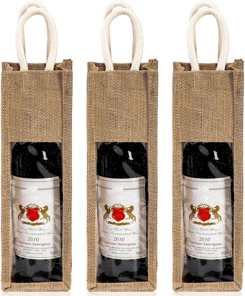 Peohud 3 Pack Burlap Wine Bottle Bags, Jute Gift Bags with Window and Handle for Wedding, Birthday, Christmas