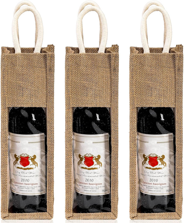 Peohud 3 Pack Burlap Wine Bottle Bags, Jute Gift Bags with Window and Handle for Wedding, Birthday, Christmas