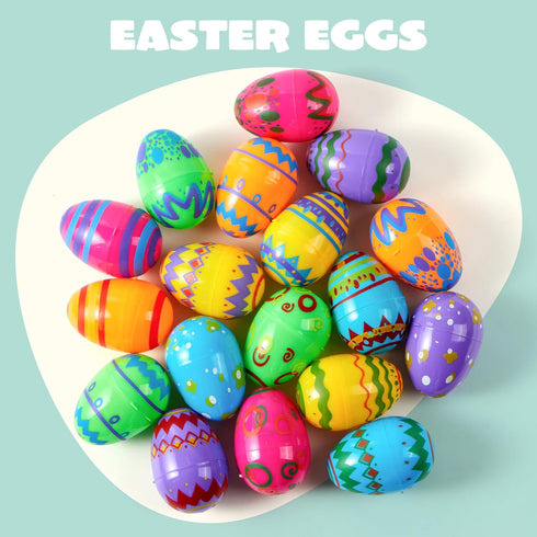 24PCS 3.15" JOYIN Printed Easter Eggs, Empty Fillable Colorful Plastic Eggs Bulks for Easter Hunt, Basket Stuffers