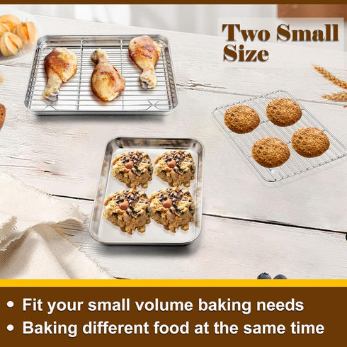 P&P CHEF Toaster Oven Pans with Racks Set of 2, Stainless Steel Small Baking Pan Sheet for Oven Cooking