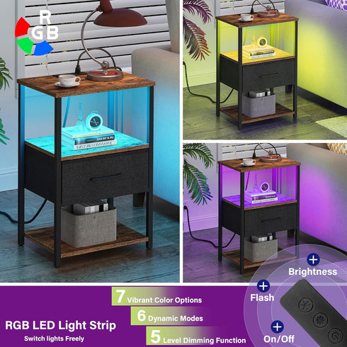TB01BB069L TUTOTAK LED Nightstand, Night Stand with Charging Station, End Table, Bedside Table with Fabric Drawer
