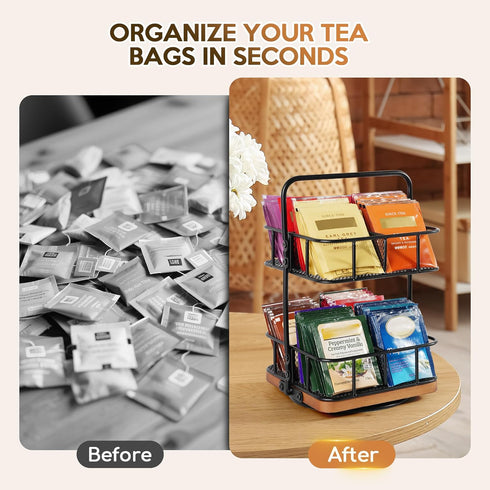 2 8 360 Countertop 100+ Rotating Tea Bag Organizer Tier Basket Spinning Teabag Holder Organizer, Acacia Wood Iron Tea