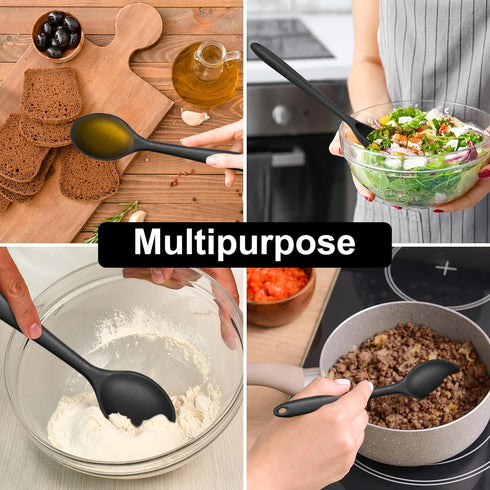 E-far Silicone Cooking Spoon Set of 2, Heat Resistant Nonstick Kitchen Spoons for Baking, Stirring, Serving (Black)