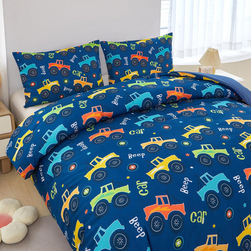 Set 3 Set Sets ZRNBAST Cartoon Car Kids Comforter Full Pieces Construction Bedding for Boys Deep Blue Trucks Bedding