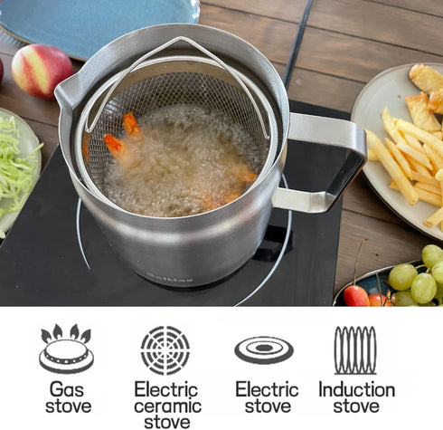 Deep Fryer Pot with Basket and Oil Strainer, 304 Stainless Steel Deep Frying Pot for French Fries, Chicken, 2L (2Qt)