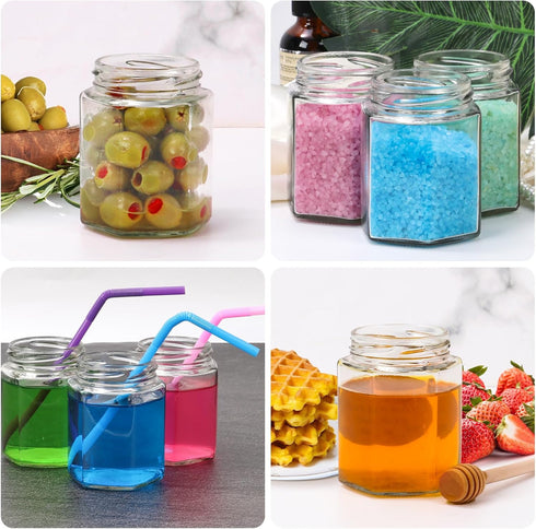 6 oz 30 Pack BIGIVACA Mini Honey Jars - Hexagon Glass Jars with Wood Dippers, Gold Lids, Bee Pendants, Jutes, Stickers