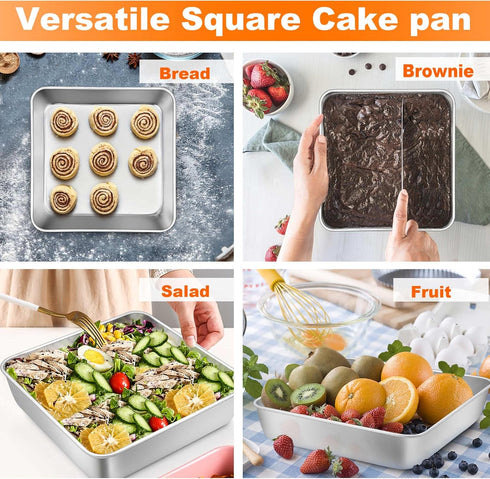 TeamFar Square Cake Pan, 6/8/9 Inch Stainless Steel Baking Pan for Cake Brownie Lasagna, Set of 3