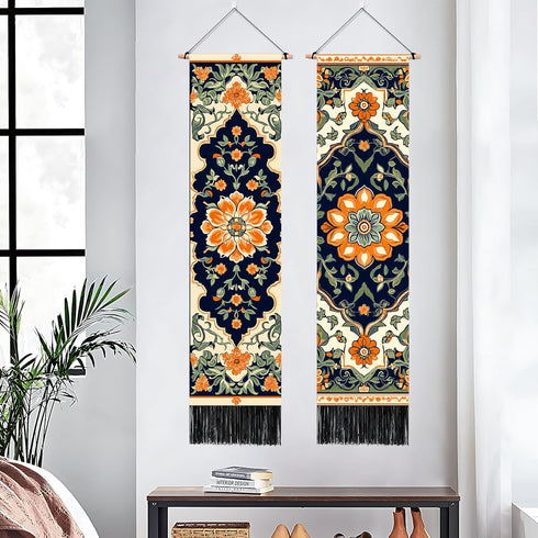 2 13"x51", BVBOX PCS Vertical Floral Tapestry Ottoman Aesthetic Long Vertical Wall Hanging Black Tassel Tapestries Home