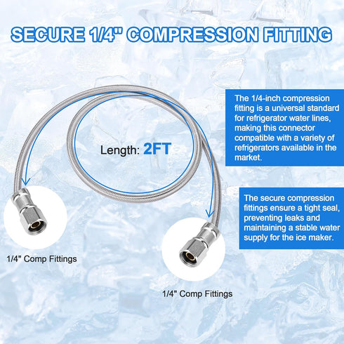 2 FT Stainless Steel Braided Ice Maker Connector, Universal Flexible Water Supply Hose with 1/4" Compression Fitting