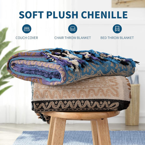 Edcooy Purple(60"*75") Boho Chair Cover Colorful Chenille Tassels Hippie Throw Blanket for Couch Bed Sofa Recliner
