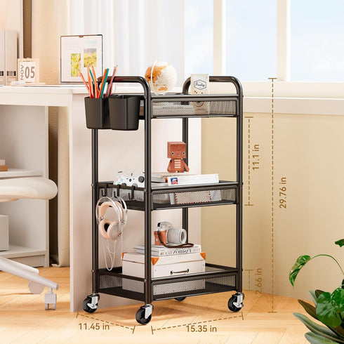 3 YASONIC Tier Rolling Cart Metal Utility Storage Carts with Wheels, Craft Cart Organizer with Hanging Cups, Hooks