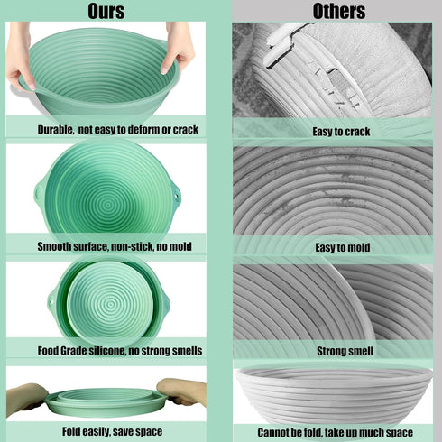 9in Bread Proofing Basket, Silicone Sourdough Baking Bowl with Liner, Thick Foldable Reusable Handmade Supplies (Light