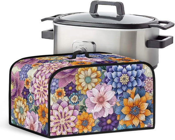 Colorful Flowers Slow Cooker Dust Cover, Foldable Portable Appliance Protective Cover for Home Kitchen Decorative