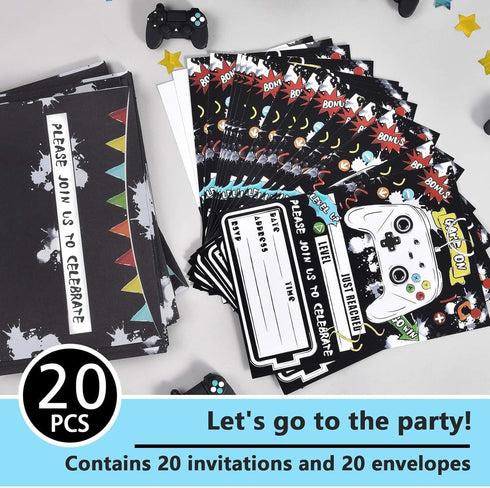 WERNNSAI Watercolor Video Game Party Invites - 20 Set Fill-in Invitations with Envelopes for Boys Birthday