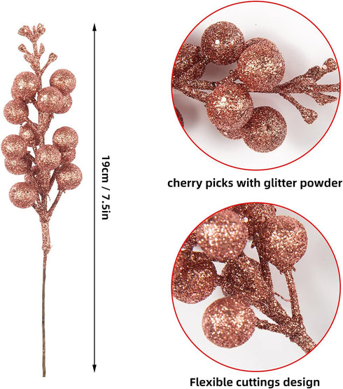 Crafare 24 Pack Rose Gold Christmas Glitter Berries Stems, Artificial Christmas Picks for Tree Ornaments, Crafts,