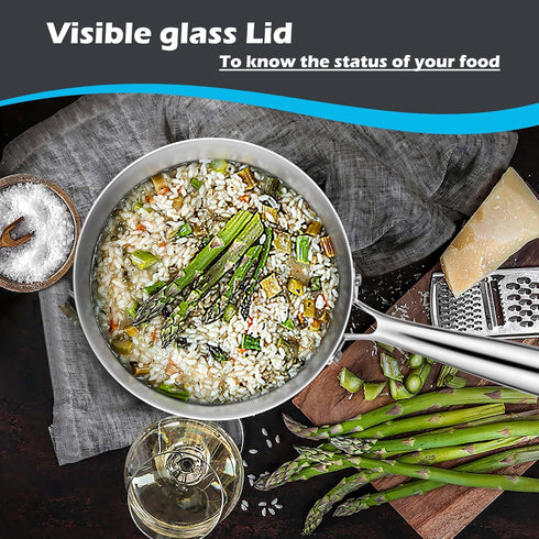 E-far 2-Quart Tri-Ply Saucepan, Stainless Steel with Glass Lid, Non Toxic, Oven & Dishwasher Safe