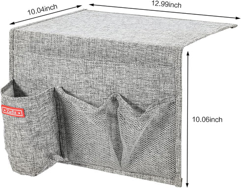 Linen 4 Pockets Bedside Caddy, Bedside Storage Organizer with Water Bottle Holder for Magazine, Remotes, Phone (Grey)
