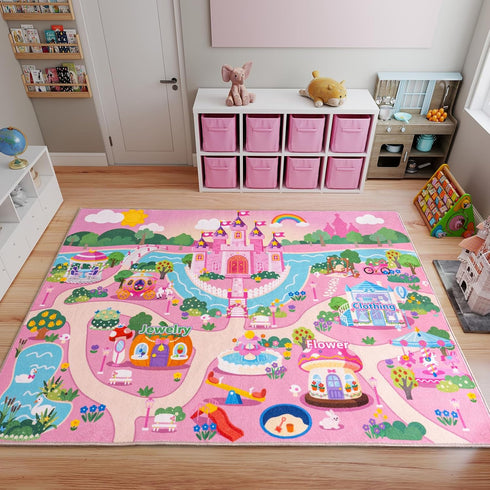3x4ft Pink Kids Rug for Playroom, Castle Design Bedroom Carpet, Ultra Soft Short Pile Toddler Play Mat, Machine