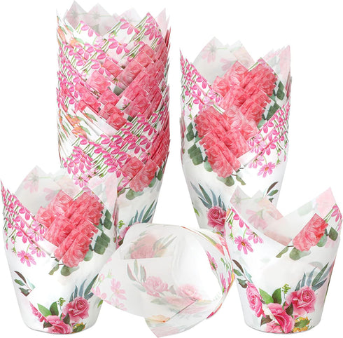 Funtery 200 Pieces Pink Flower Tulip Cupcake Wrappers for Baking, Rustic Birthday Party Decoration for Bridal Shower