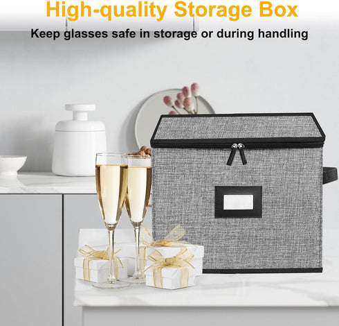 Champagne Flute Storage Box, Quilted Hard Shell Container for Wine Glasses, Stackable, Grey