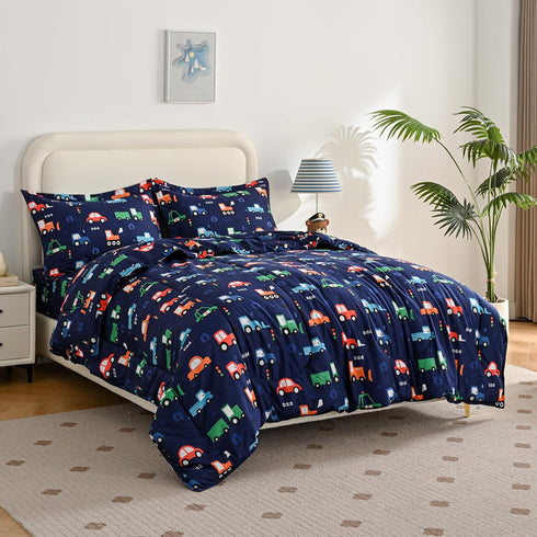 Set Set Set 2 Yibeizi Car Kids Comforter for Boys Twin, Cute Reversible Quilted Navy Blue Printed Construction Toddler