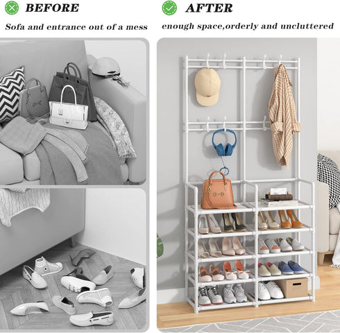 Laiensia 5-Tier Entryway Coat Rack - Coat and Shoe Rack with 8 Hooks for Bedroom, Hallway, Office - White