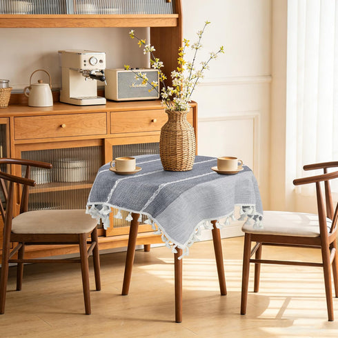 24 24 Inch, Small Square Tablecloth x Cotton Linen Boho Gray Nightstand Cover with Tassels, Rustic Farmhouse Grey End